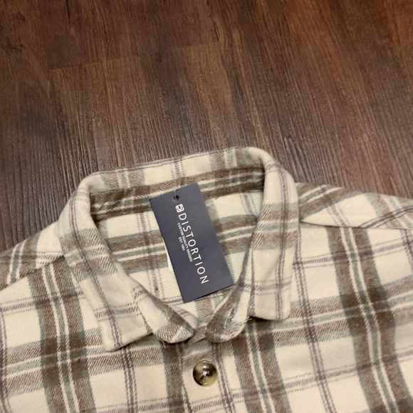 NWT Distortion Cream & Brown Plaid Flannel Jacket Shirt - Picture 4 of 7